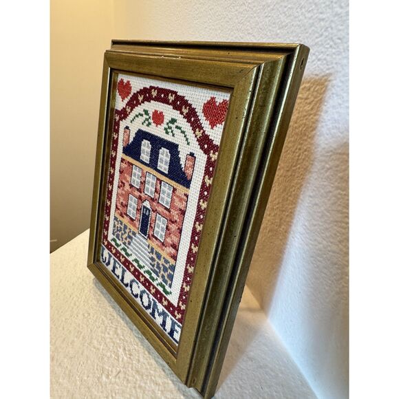"Welcome" Vintage House Home Needlepoint Framed Art - Picture 3 of 4
